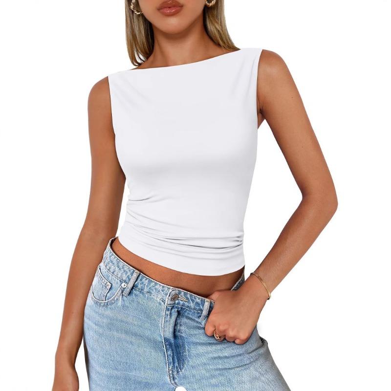Women's Slim Fit Boat Neck Top Sleeveless Solid Color Ruched Hem Casual Crop Top