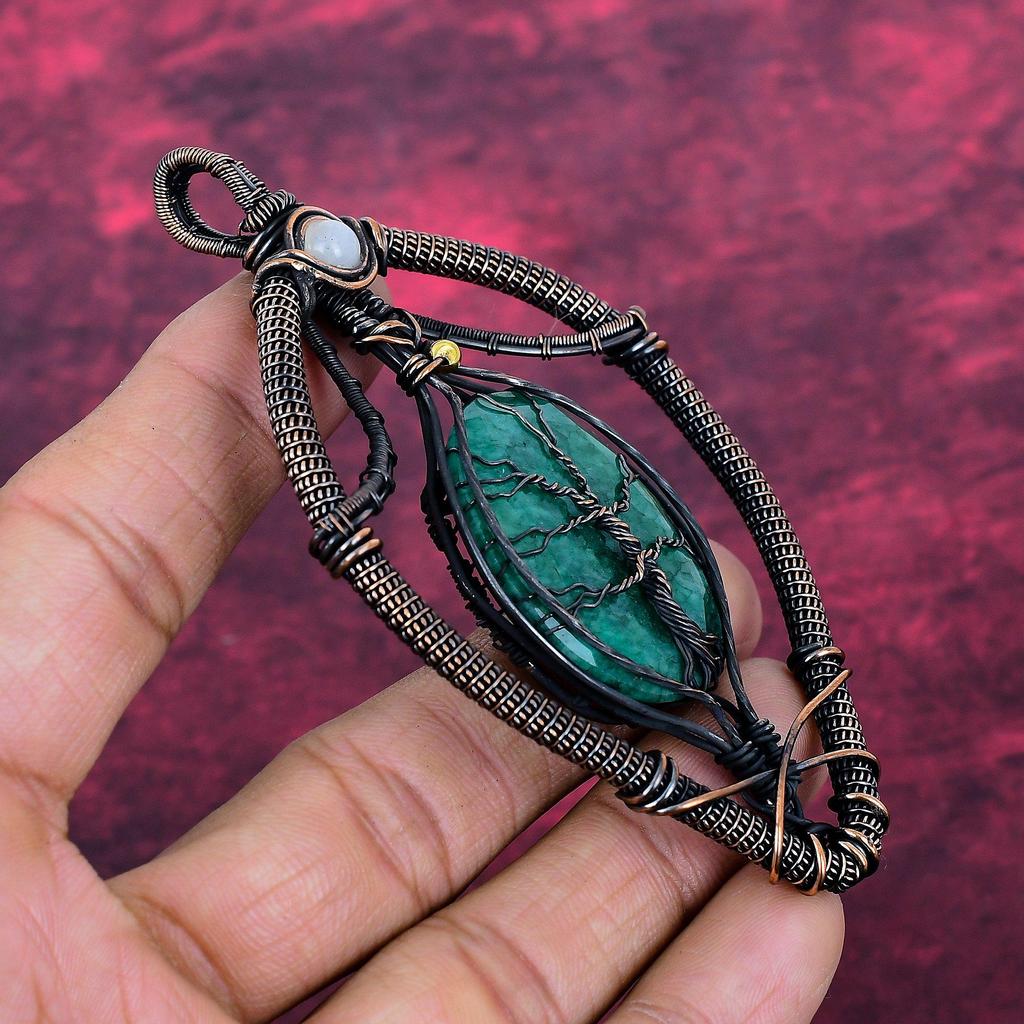 Tree Of Life Faceted Zambian Emerald Pendant Rainbow Moonstone Jewelry Copper Wire Wrapped Pendant