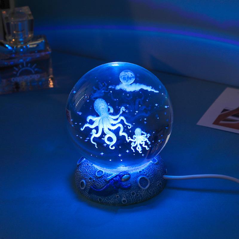 Cosmic 3D Crystal Ball Night Light with Seven-Color Resin Base