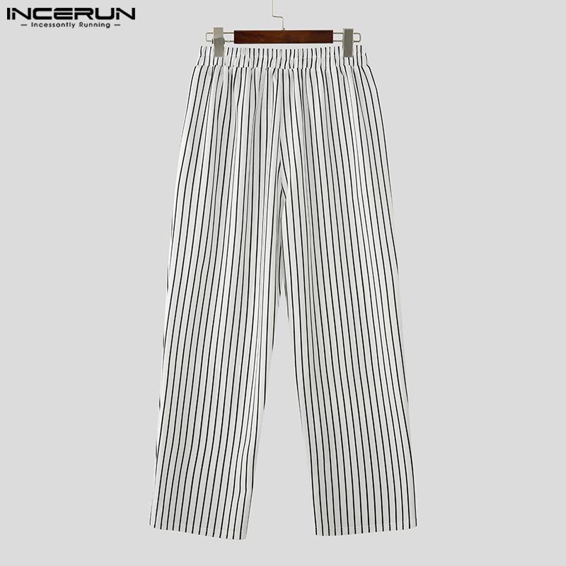 INCERUN Men Elastic Waist Striped Casual Long Harem Pants Trousers Bottoming