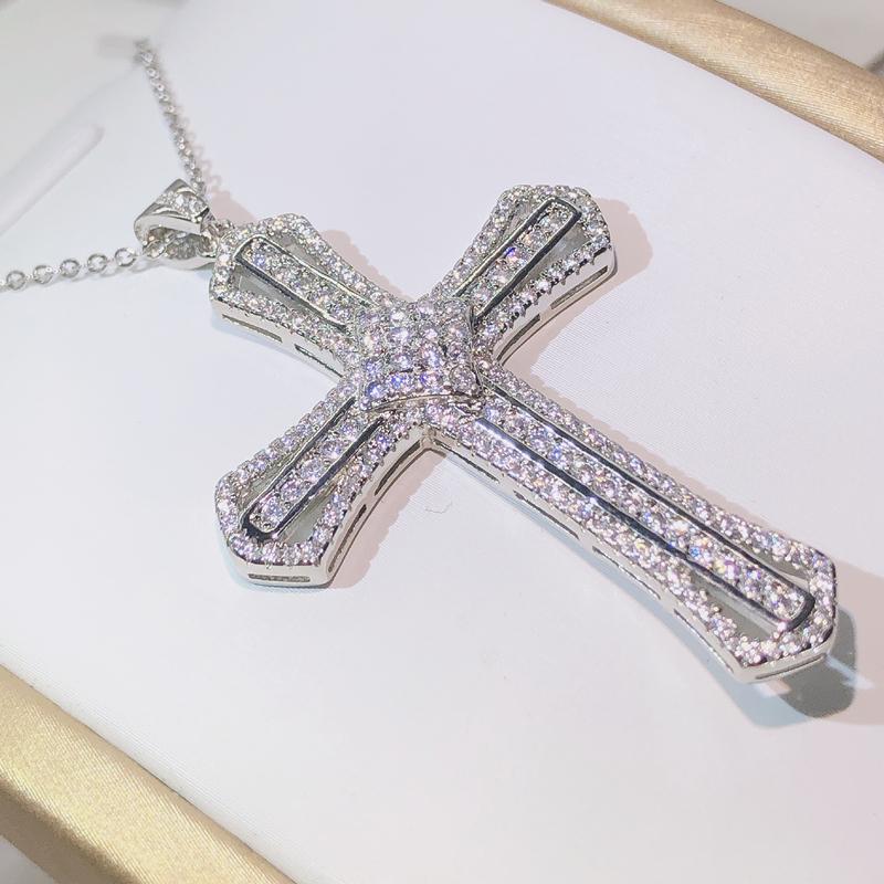 Classic 925 Silver Twinkling Zircon Cross Pendant Long Chain Statement Necklace For Women Man Fashion Jewelry