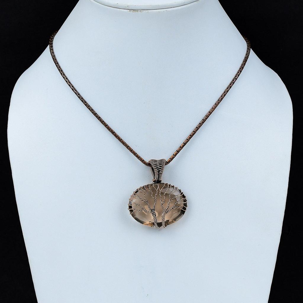 DoubleTree of Life Morganite Gemstone Copper Wire Wrap Pendant Jewelry Gift