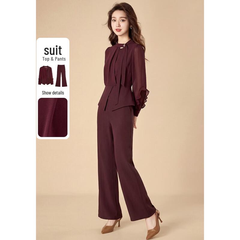 Women s Commuter Tie-Neck Spliced Top & Straight-Leg Pants Set 2XL
