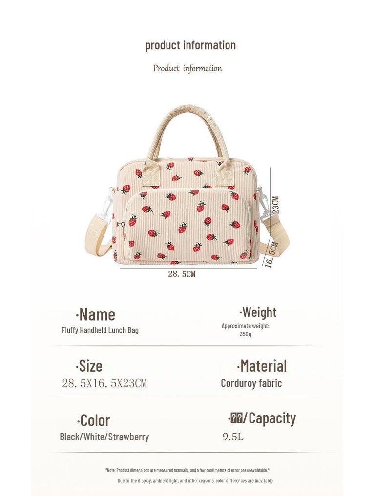 Strawberry Corduroy Insulated Waterproof Lunch Bag - Large Capacity Picnic Handbag