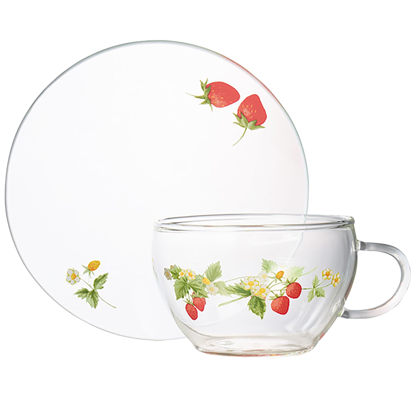 

Otsuka Glass Fraise Cup & Saucer Set, Heat-Resistant Glass, Approx. 280ml, Strawberry Design, Transparent, Microwave and Dishwasher Safe, Made in Ja