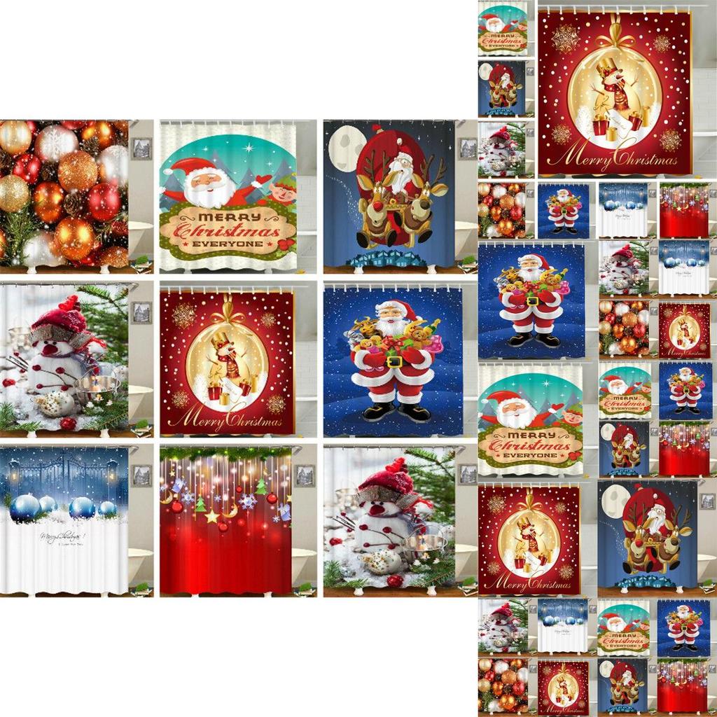 Charming Christmas Shower Curtain With Hooks Showcasing Santa Claus And Snowman For Your Bathroom