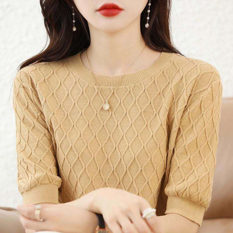 Round Neck Cotton Thread Short-sleeved T-shirt In Summer Latest Comfortable Fit Hollow Knit Sweater Half-sleeved Thin Diamond Knitted