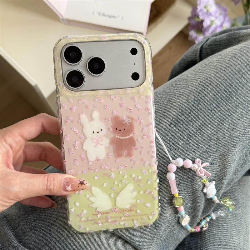 Pink Flowers & Bear Rabbit iPhone Case for 17, 16 Pro Max, 15, 14