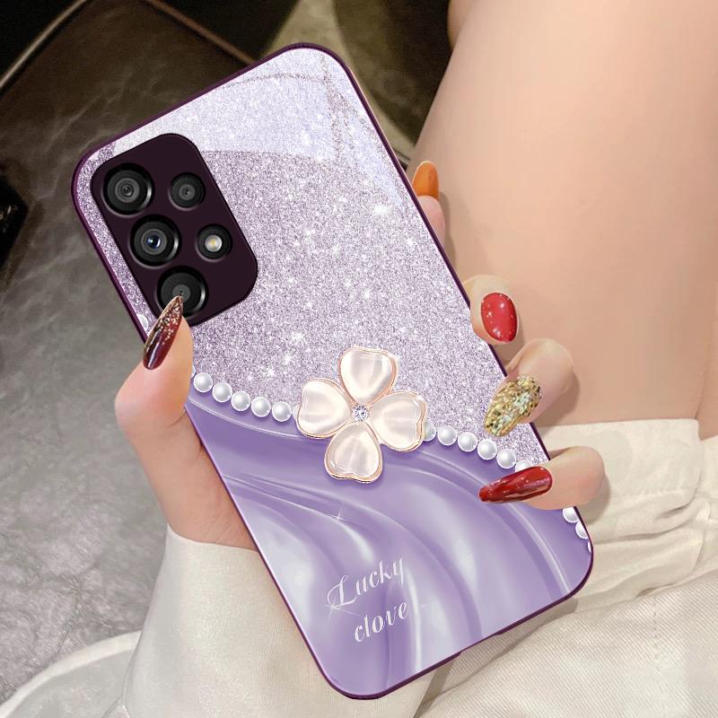 Vierblättriges Kleeblatt Weiß Für Samsung Galaxy S10 4G S20 11E 30 S21 21Fe 22 S24 Pro S23 Ultra 5G S8 S9 Gehärtetes Glas Handyhülle