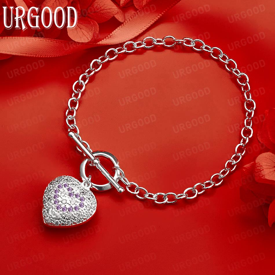 925 Sterling Silver AAA Zircon Heart Shape Gift Bracelet Fashion Wedding Jewelry 20CM