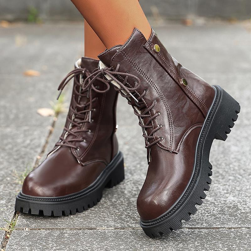 Fashion Black Thick Sole Punk Ankle Boots Women Vintage Lace Up Platform Motorcycle Boots Woman 2025 Pu Leather Gothic Shoes Size 35-42