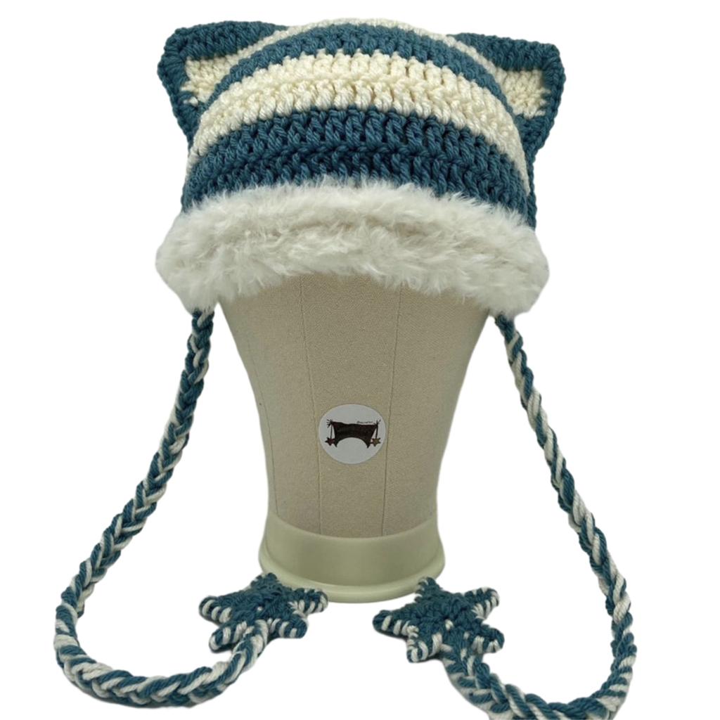 High Elastic Windproof Cat Ear Hat Knitted Stripe Pattern Hat for Women Men Keep Ear Warm Hat with Dangle Star Tassels