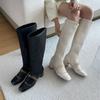 Eilyken Autumn Winter Design Metal Decoration Splicing Woman Knee-High Boots Fashion Zipper Low Heels Shoes  De Mujer