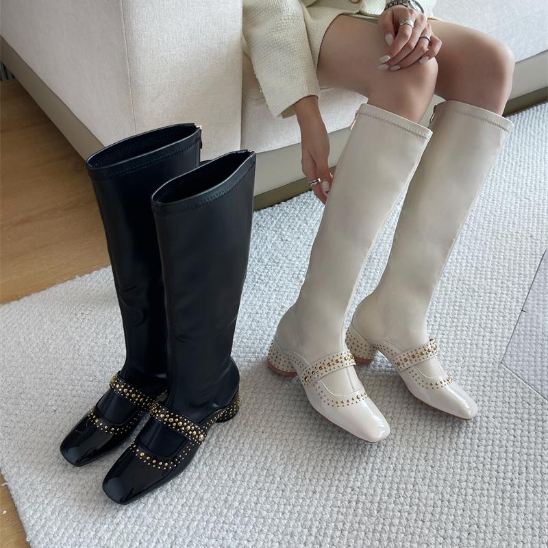 Eilyken Autumn Winter Design Metal Decoration Splicing Woman Knee-High Boots Fashion Zipper Low Heels Shoes  De Mujer