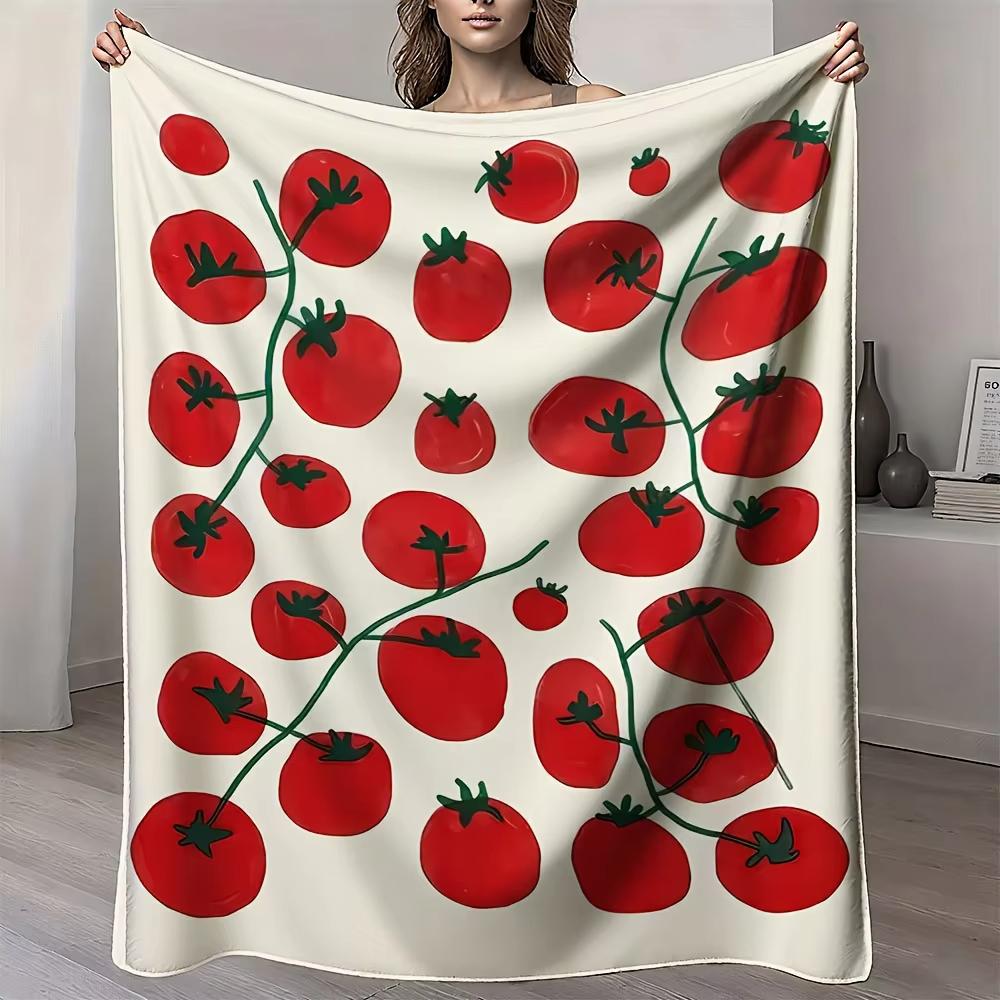 Tomato Pattern Throw Blanket Beige Red Design Soft Warm For Sofa Bed Kitchen Dormitory All Season Use