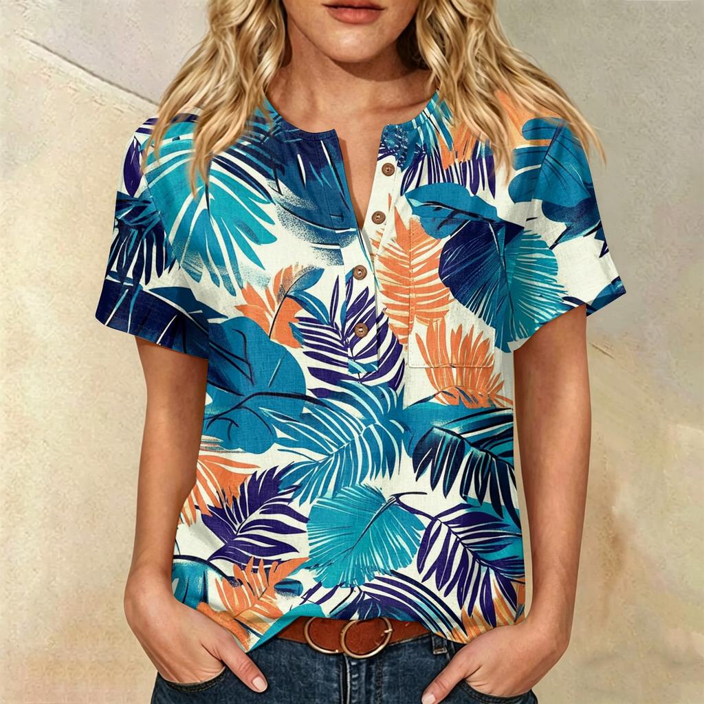 Damen Kurzarm Hemd aus Leinen-Baumwollmischung Henley Knopfleiste Brusttasche Blumendruck Lässiges Sommer Top