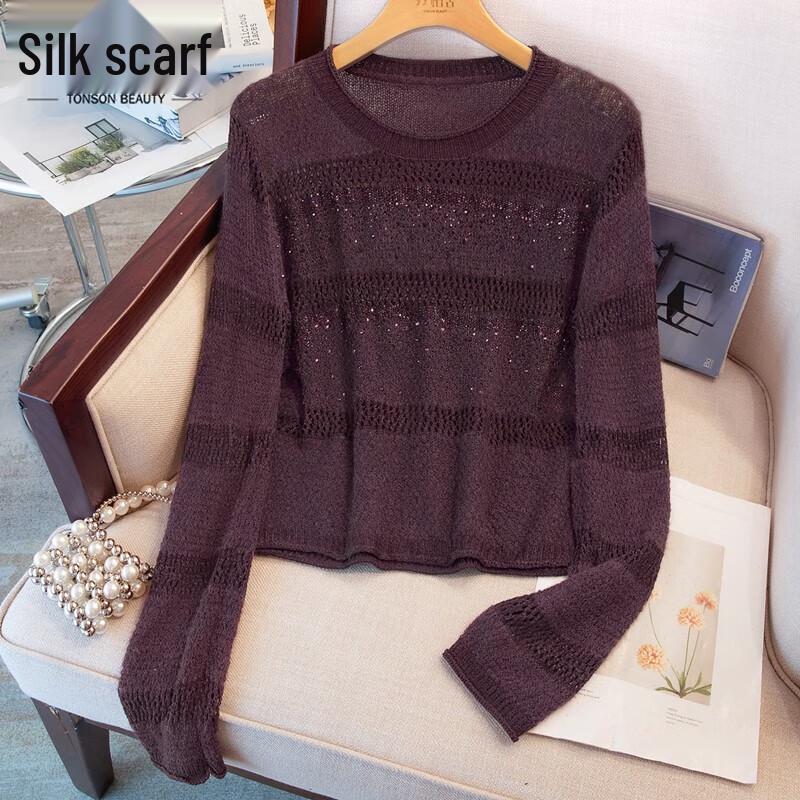 

Women s Rhinestone Round Neck Hollow Knit Pullover One Size