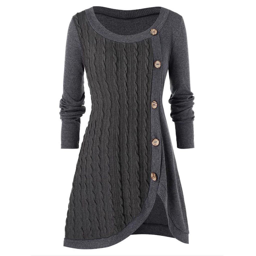 Plus Size Women  Long Sleeve Solid Botton Pachwork Asymmetric Tops Sweater