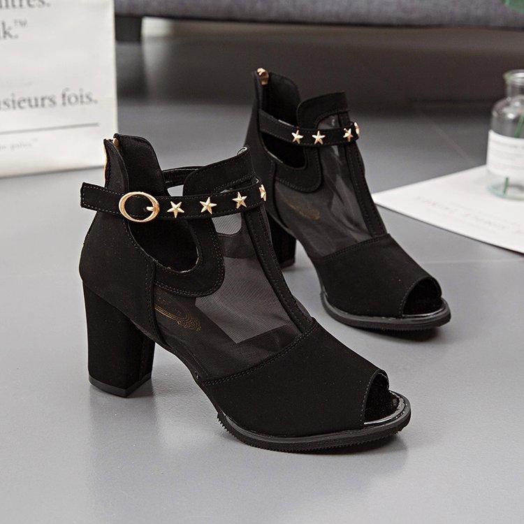 Sandale Damă Primăvară și Toamnă Pantofi Damă Versatili Toc Mediu Gură de Pește Plasă Vară Toc Gros Toc Înalt