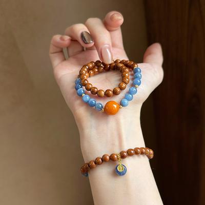 Natural Cook Beeswax Blue Crystal Beaded Bracelet Double Layer Stacked Wear Simple Premium Bracelet National Style Wenwan Hand Jewelry