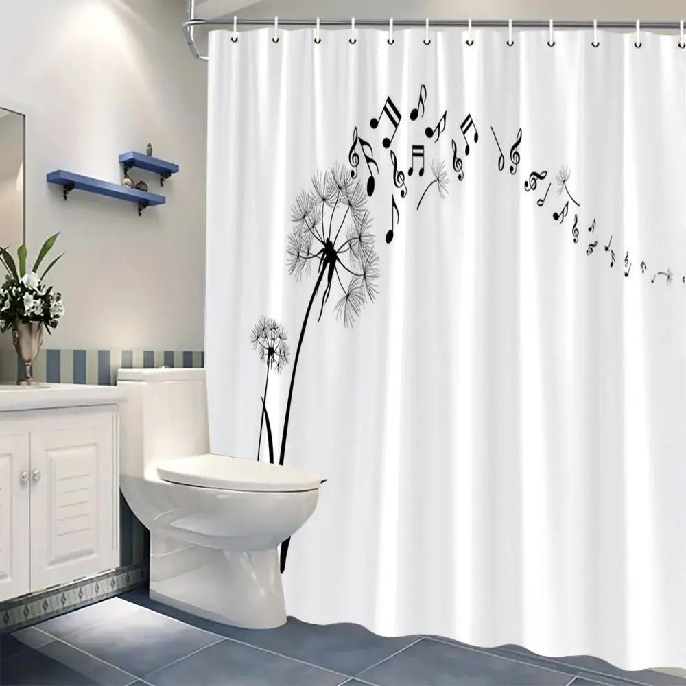 Dandelion & Music Notes Curtain - Rustic Wood Design, Textured Polyester, 70In, 12 Hooks, Machine Washable