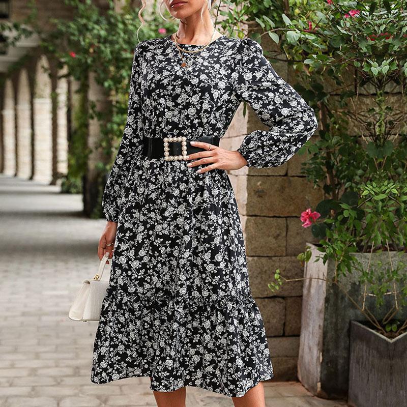 YYFS Women's Fashion Summer Spring Floral Print Long Sleeve O-Neck High Waist Casual Dresses