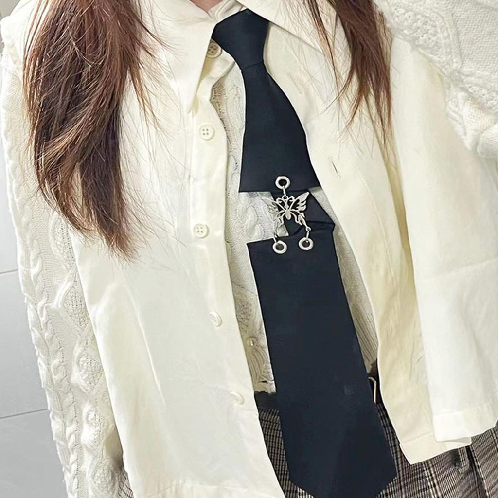 Unisex Adjustable Length Black Ties with Metal Butterfly Linked Vintage Punk Pre Tied Necktie Preppy Uniform Neckwear