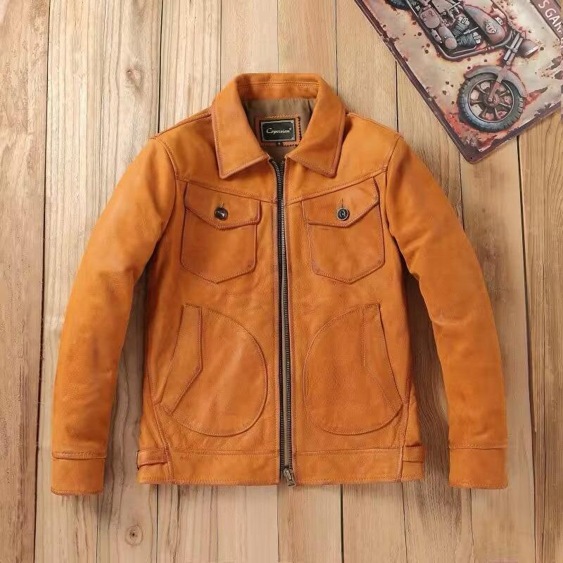 Chinese Size Uncoated Frosted Natural Cowhide Men Leather Jacket Soft Short Slim Fit Vintage Genuine Leather Coat Autumn