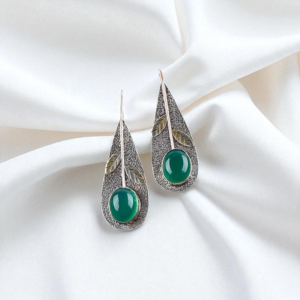 Rare Green Onyx Cab Gemstone 925 Sterling Silver Jewelry Handmade Earrings2.00" EE-72-32