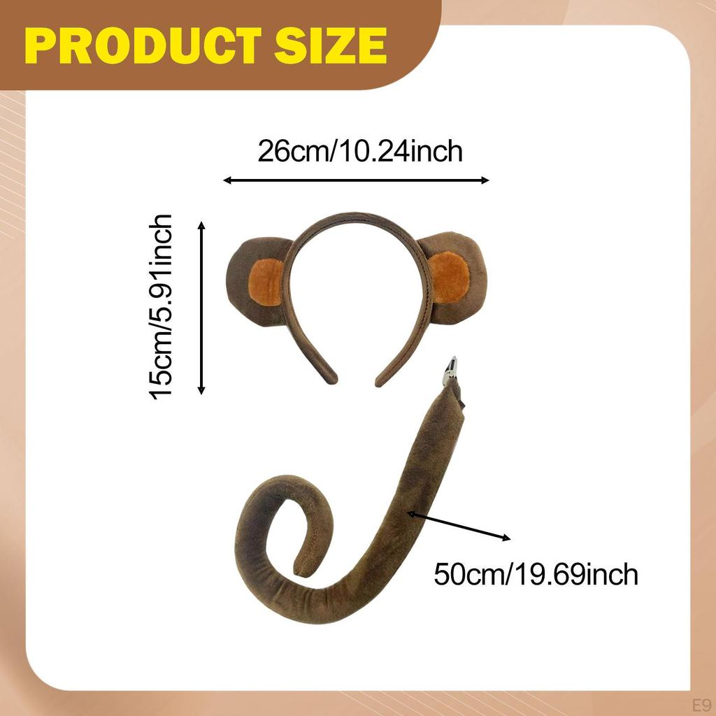 Zestaw Uszu i Ogonu Małpy Uroczy, Akcesoria Kostiumowe na Imprezy Tematyczne Zwierzęta