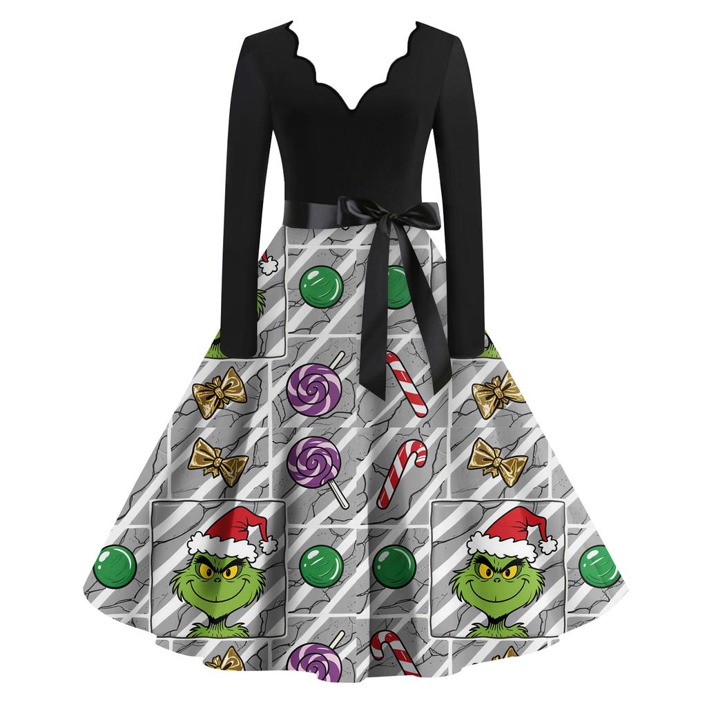 Ladies' Fashionable Retro Long Sleeved Square Neck Christmas Printed Evening Dress Dress