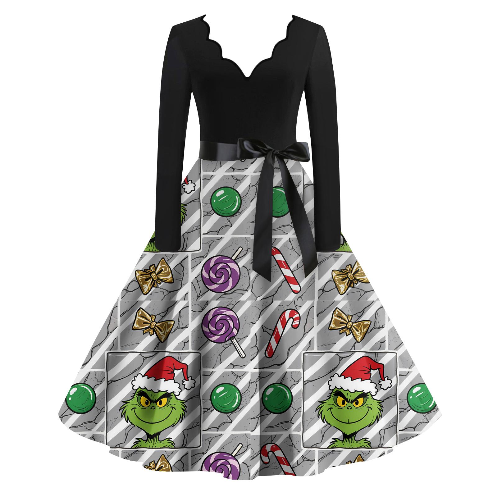 

Ladies Fashionable Retro Long Sleeved Square Neck Christmas Printed Evening Dress Dress XXXXL