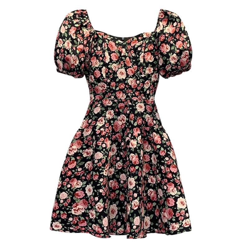 2023 Plus Size French Floral Puff Sleeve Dress: Slimming, Square Neck Summer Style