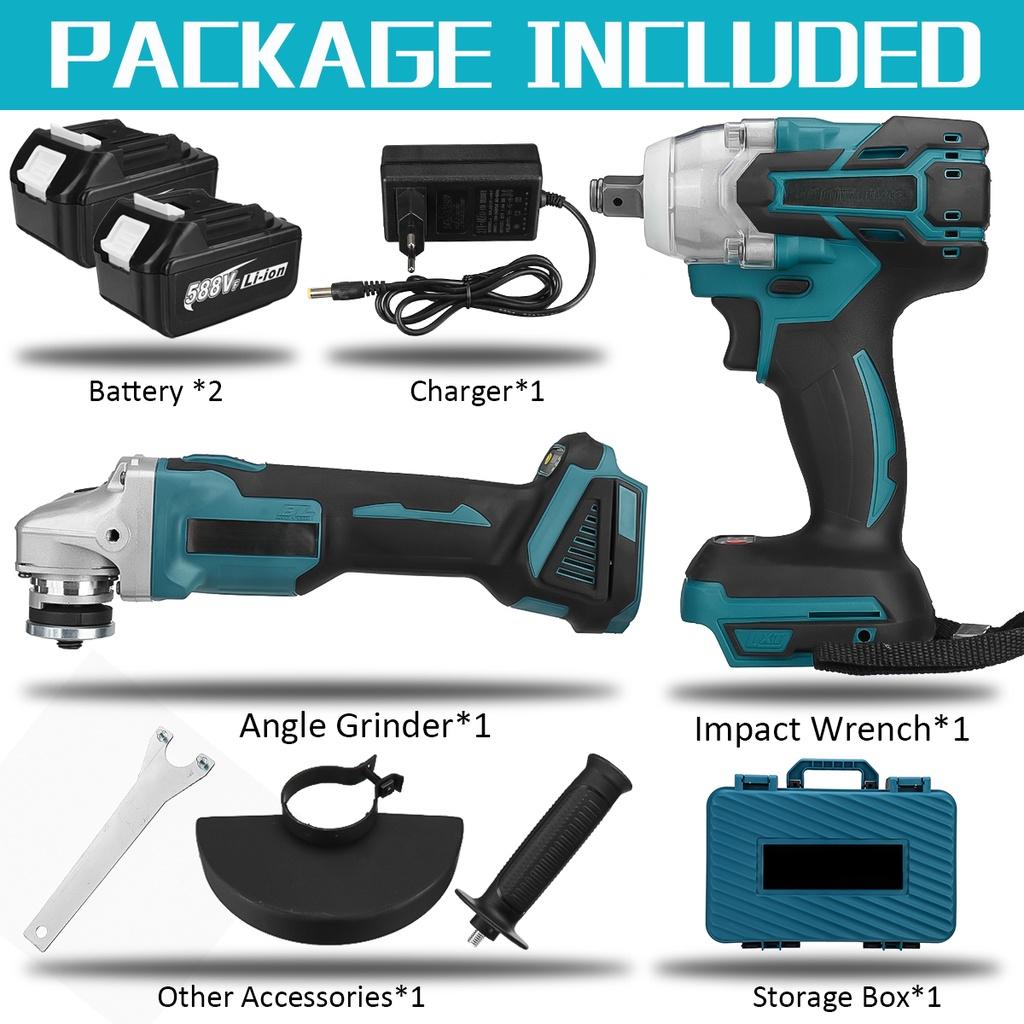 

Беспроводной ударный гайковерт 588VF Бесщеточный + Угловая шлифмашина Универсальный набор инструментов 2-В-1 1580 Вт 2*Batteries