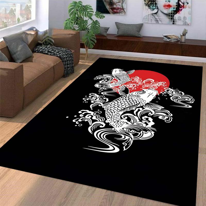 Koi Fish Rug with Wave Pattern and Red Sun Background Suitable for Use As an Anti-slip Game Mat for Living Room and Bedroom Sofas