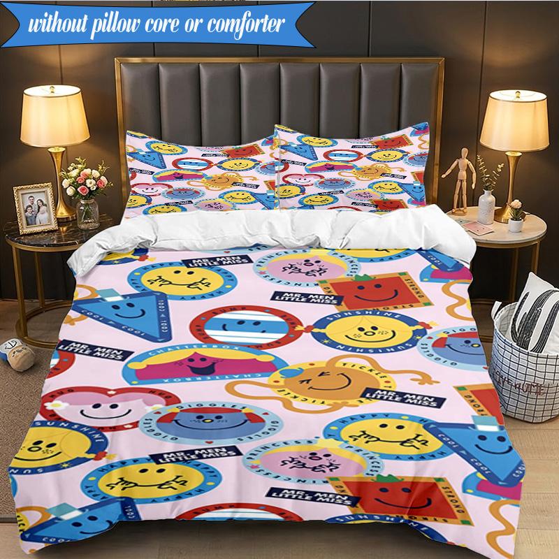 3PCS Mr Man Colorful Creatures Bedding Set 2D Printing (Includes 1 Duvet Cover + 2 Pillowcases Coreless), Bedroom decor,Fan gift