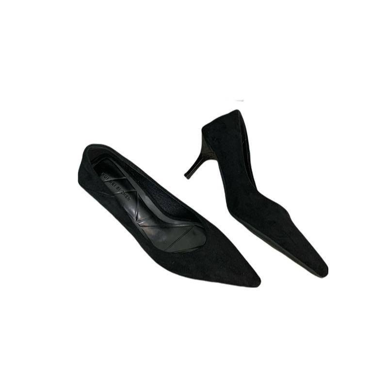 Black pointed high heels women's shoes new spring and autumn temperament fine heel suede burgundy light mouth single shoes