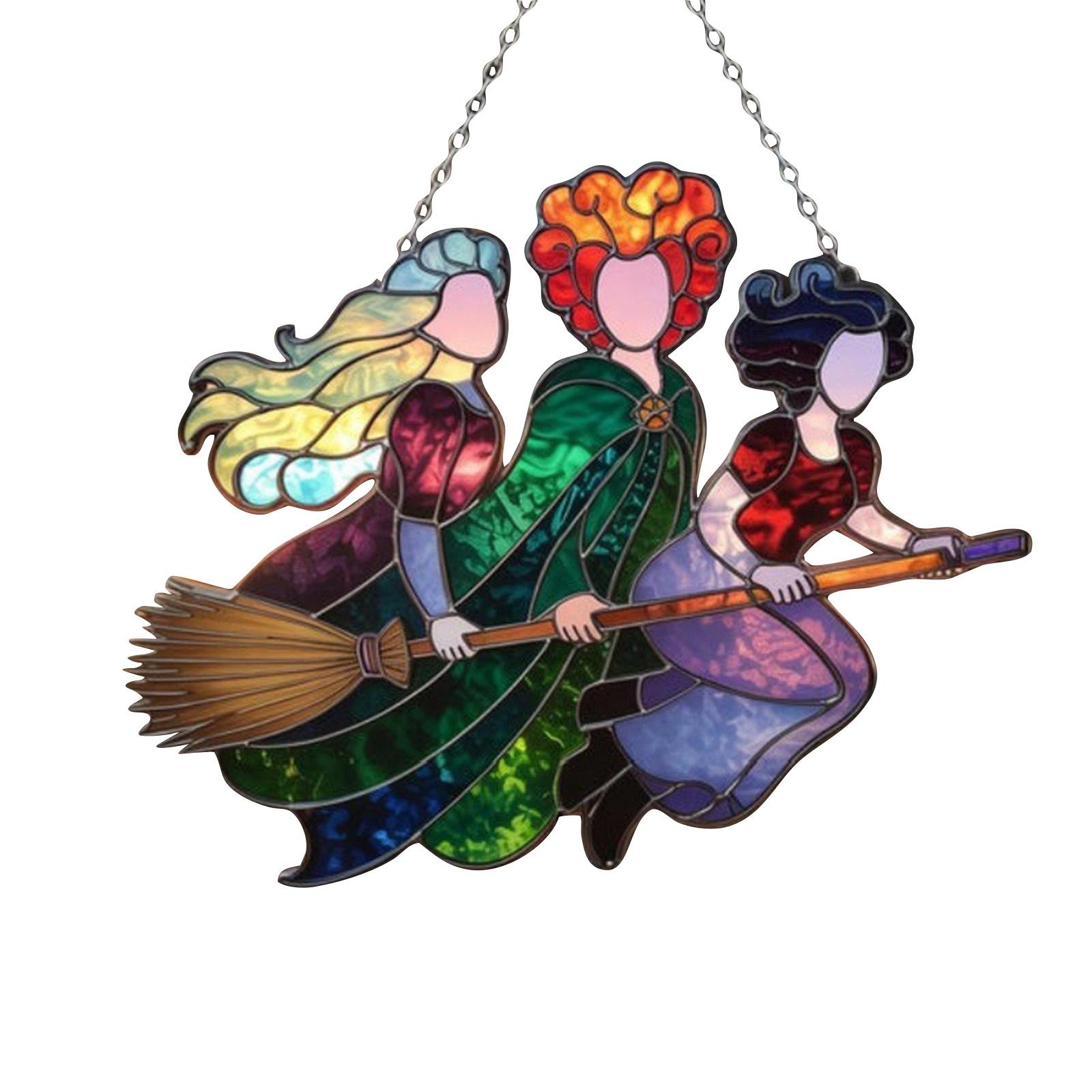 

Halloween Witch Suncatcher, Witch Stained Glass Window Hanging Panel Suncatcher, Halloween And Christmas Decorations S