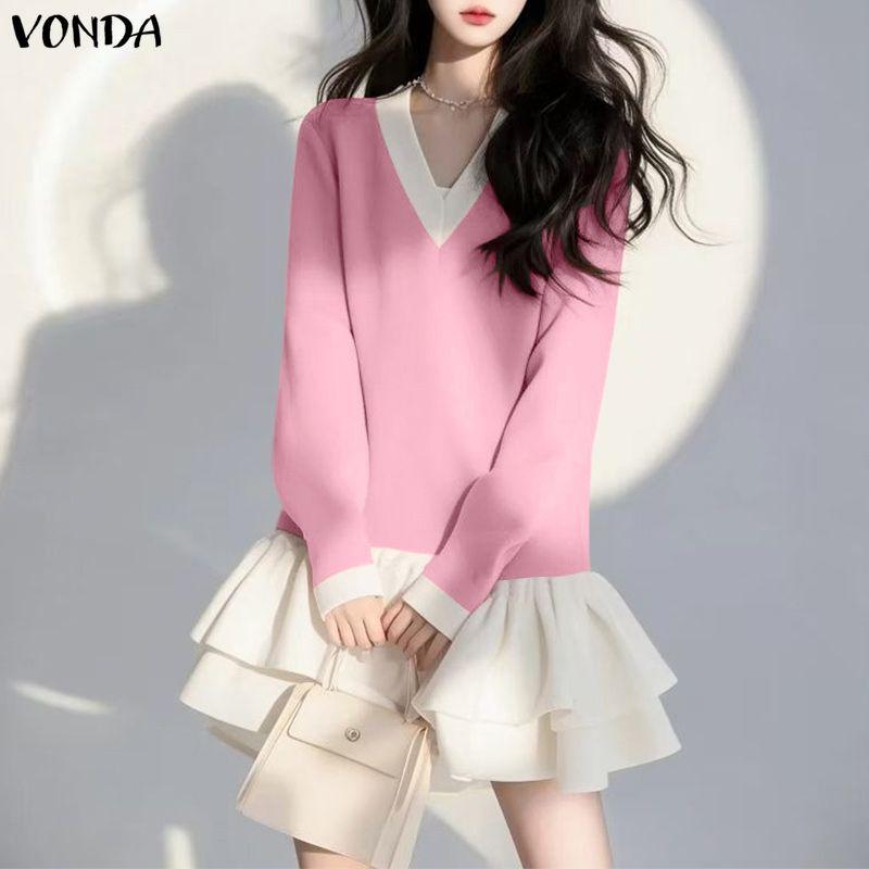 VONDA Women Casual V Neck Long Sleeve Patchwork Ruffled Dress