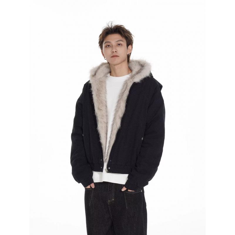 Unisex Retro Deconstructed Silhouette Fur Collar Hooded Jacket for Autumn/Winter