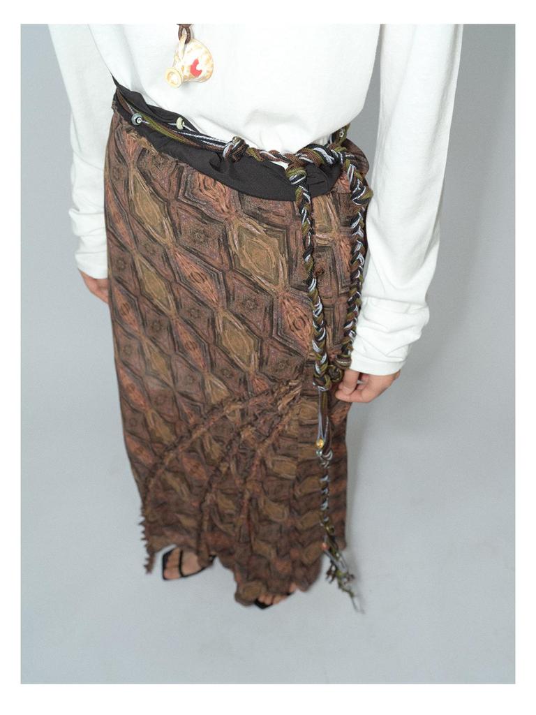 [Shishi] Women's Geometric Print Bias-Cut Long Dress with Ruffle Trim V8039