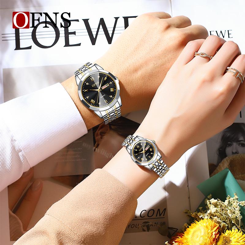 Orologi al Quarzo Impermeabili per Coppia Oufanni con Doppio Calendario e Bracciale in Acciaio Luminoso