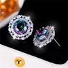 Female Crystal Rainbow Zircon Stone Round Stud Earrings Vintage Silver Color Wedding Fashion Jewelry For Women