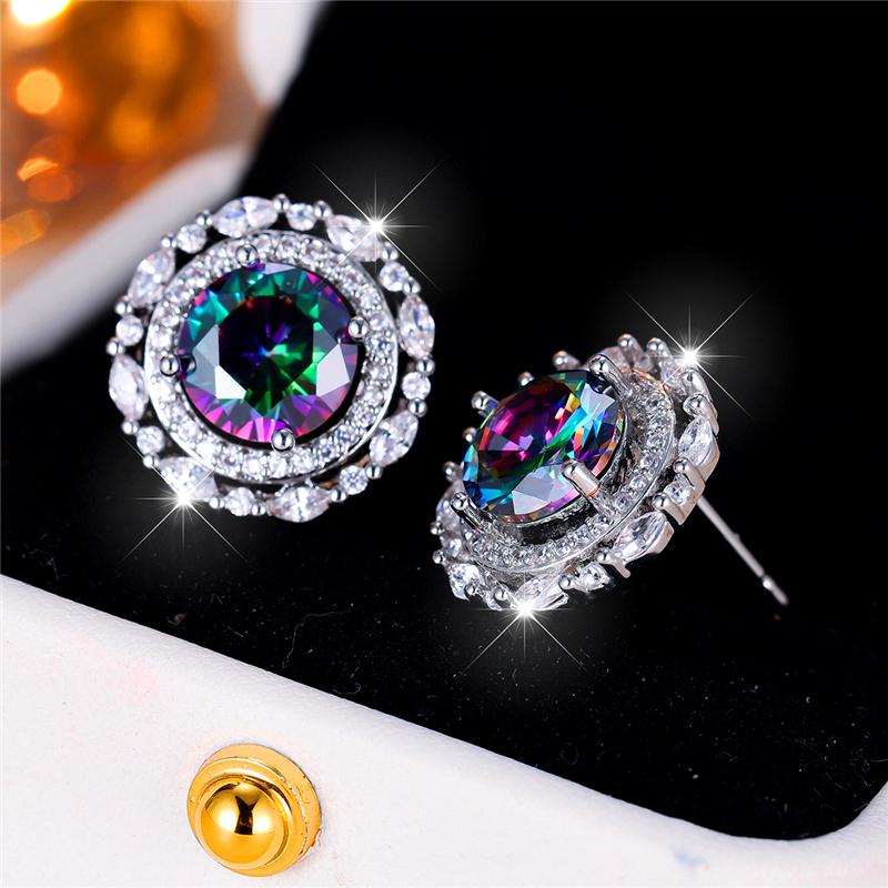 Female Crystal Rainbow Zircon Stone Round Stud Earrings Vintage Silver Color Wedding Fashion Jewelry For Women