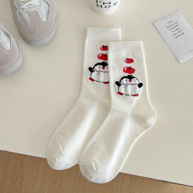Niedliche Pinguin-Socken für Damen, Wadenlange Socken, Cartoon-Beflockte Tiere, Knochenlose Frottee-Baumwollsocken für Herbst und Winter
