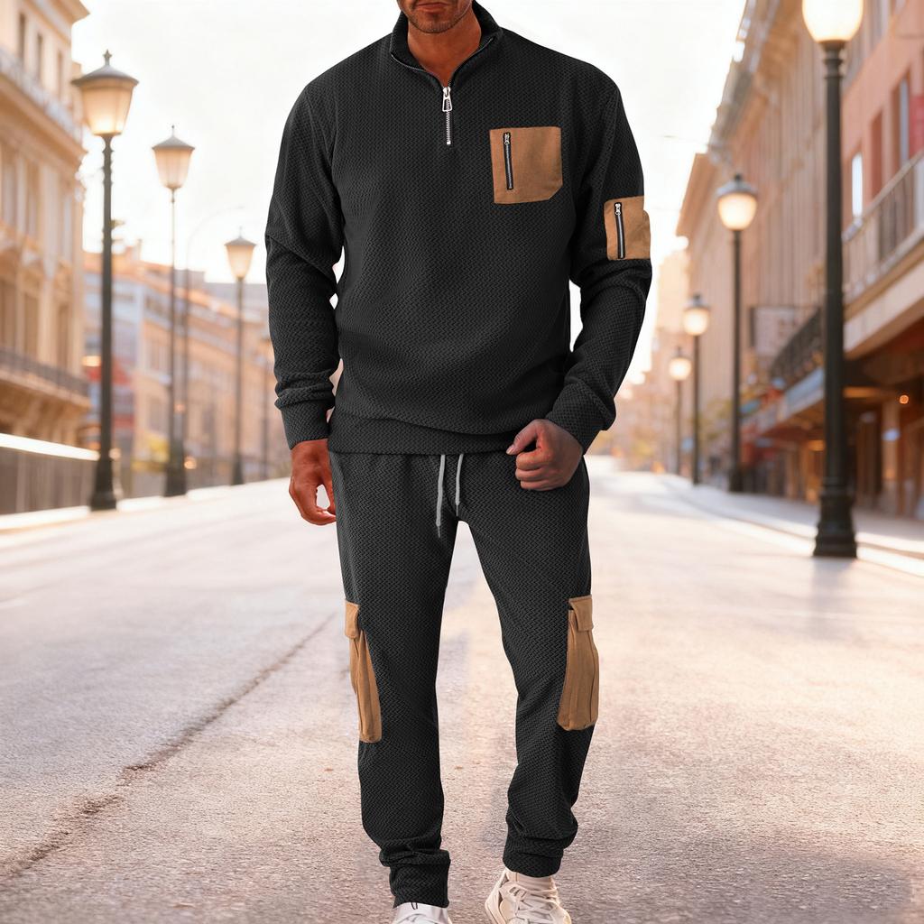 Men's Winter Fleece Tracksuit Sets  Stand Collar Sweatshirt Cargo Sweatpants 2 Piece Jogging