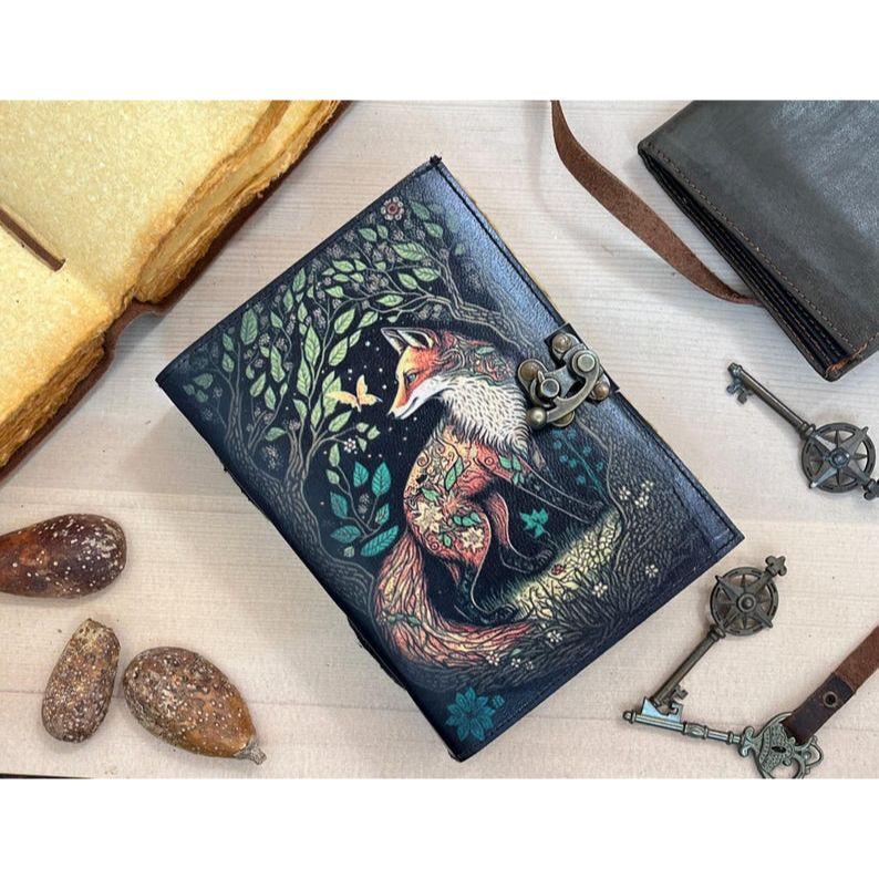 Fox Print Leather Journal With Deckle Edge Paper Handmade Leather Journal Book of Shadows Perfect for Blank Spell Books Gift For Her Him