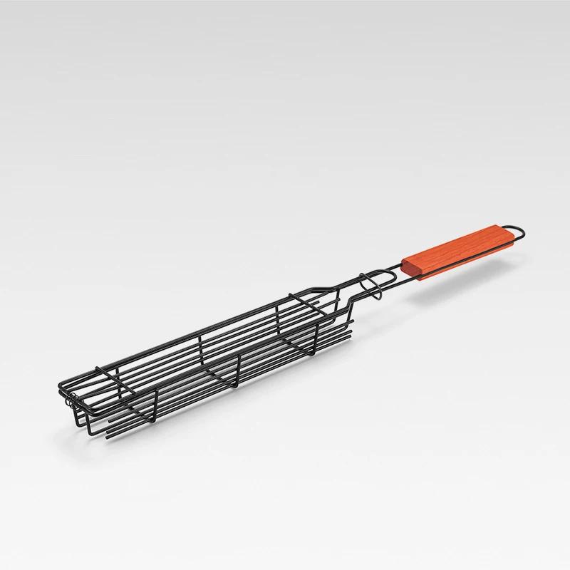 Barbecue Cage Outdoor Camping Barbecue Net Square BBQ Skewers Basket Wooden Handle Meat and Vegetable Barbecue Tube BBQ Tools