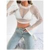 New Casual Perspective Sweater Flared Sleeves Loose Round Neck Hollow Navel Sweater for Women