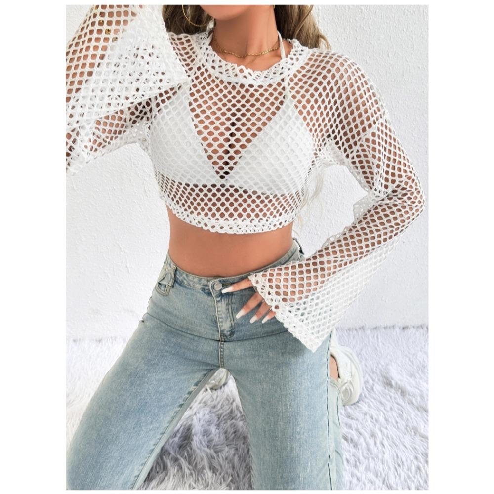 New Casual Perspective Sweater Flared Sleeves Loose Round Neck Hollow Navel Sweater for Women